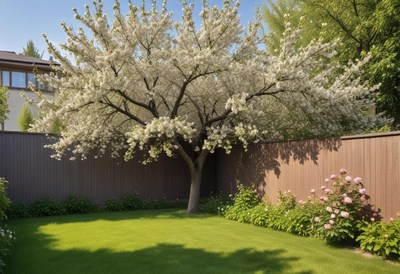 Blossoming tree in a serene backyard setting