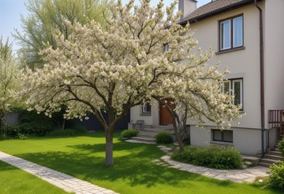 Blooming tree enhances tranquil home garden setting