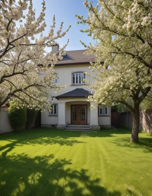 Charming house surrounded by blooming trees in spring