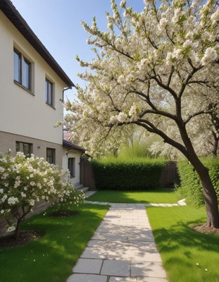 Beautiful spring garden with blooming trees and greenery