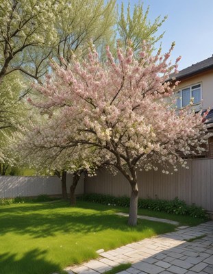 Blooming cherry trees in a serene garden landscape