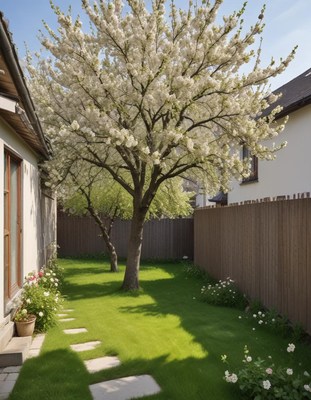 Blossoming tree in tranquil backyard garden setting