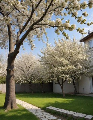 Spring blossoms cover trees in a sunny garden setting