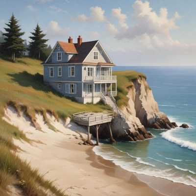 Coastal house on cliff overlooking serene ocean waves