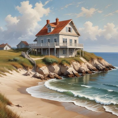 Charming beach house overlooking tranquil waves at sunrise