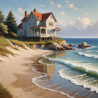 Coastal house stands by sandy beach and gentle waves