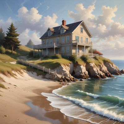 Coastal house on cliff with waves and sandy beach