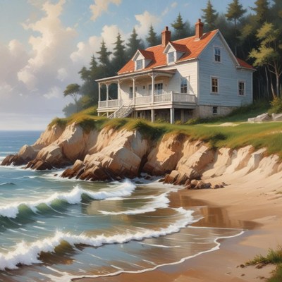Coastal house beside gentle waves at sunset