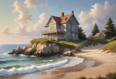 Coastal house overlooking the ocean at sunset