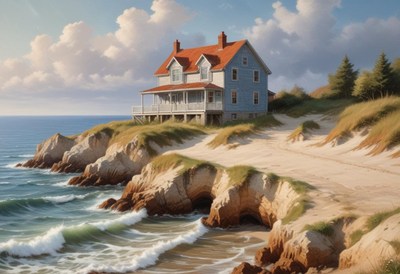 Coastal house overlooking the ocean on a sunny day