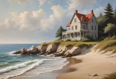 Beautiful coastal house by the beach at sunset
