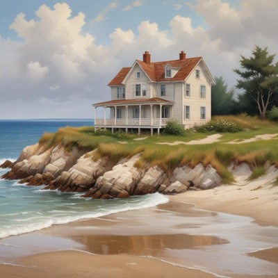 Coastal house overlooking serene waves and sandy shore