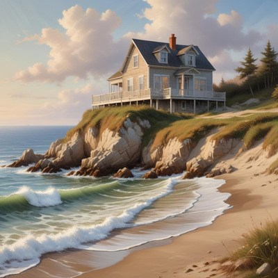 Coastal house overlooking waves during sunset hours