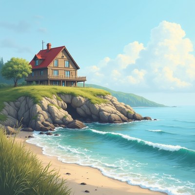 Cozy house on a cliff overlooking a tranquil beach
