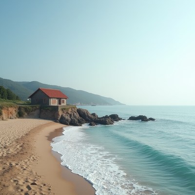 Beachfront house beside calm blue ocean and sand