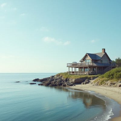 Coastal house by the serene shore during a calm day
