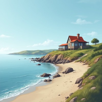 Seaside cottage on a sunny day by the coast