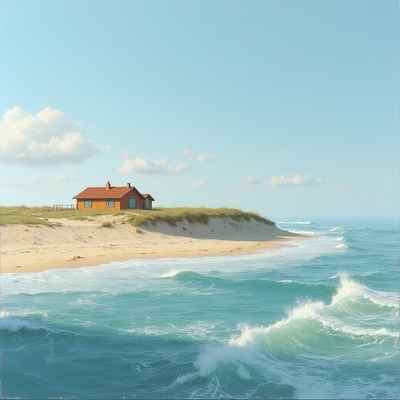 Cozy beach house by the ocean shore on a sunny day