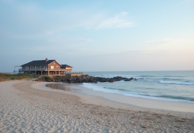 Seaside house at dawn near calm ocean waves