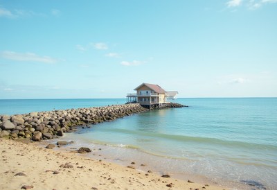 Coastal house on pier with calm blue waters and sand