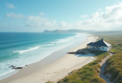 Coastal view with a house beside the beach at sunset