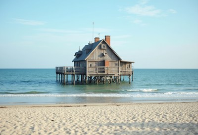 Coastal wooden house on stilts overlooking calm waves
