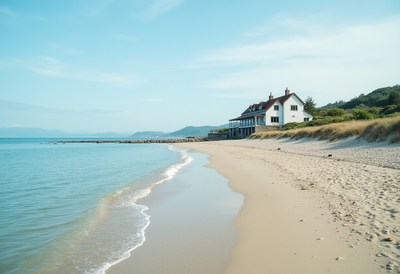 Beachside house near calm waters on sunny day