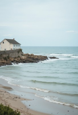 Coastal house overlooks serene waves at the beach