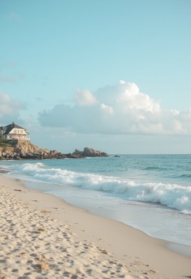 Coastal house by the tranquil beach under blue sky