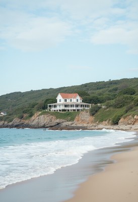 Coastal house near beach with gentle waves and greenery