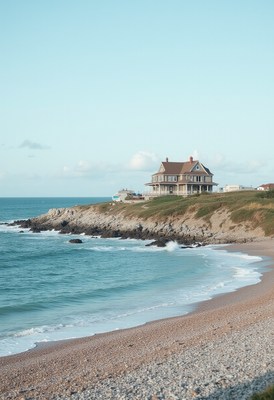 Coastal house overlooking tranquil waves on sunny day