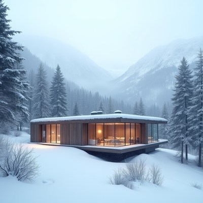 Modern cabin surrounded by snowy mountains in winter