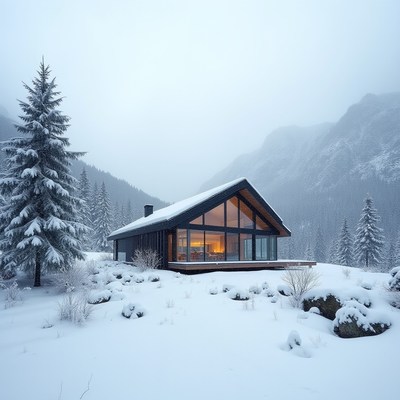 Cozy cabin surrounded by snowy mountains during winter