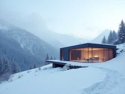 Stunning modern cabin in snowy mountain landscape