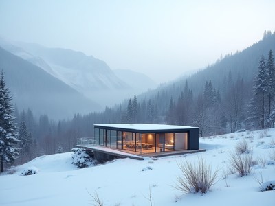 Modern cabin in snowy mountains during winter evening