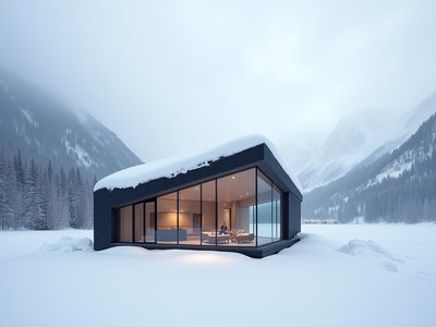 Modern cabin surrounded by snowy mountains at dusk