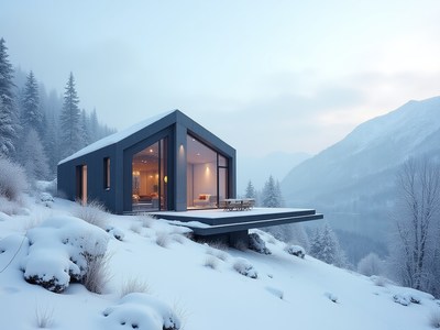 Modern cabin nestled in snowy mountain landscape