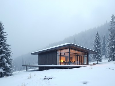 Snowy mountain cabin surrounded by pine trees at dusk