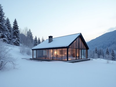 Modern cabin in a snowy landscape during twilight hours