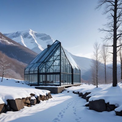 Glass greenhouse surrounded by snow-covered mountains