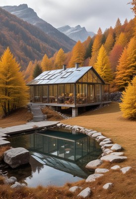 Modern cabin by tranquil pond in autumn landscape