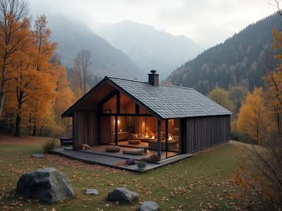 Cozy wooden cabin surrounded by autumn foliage