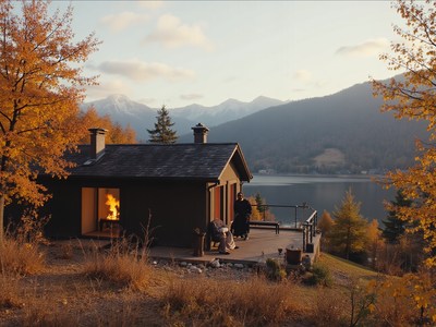 Cozy cabin retreat near serene lake and autumn mountains