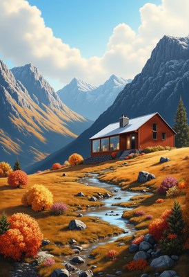 Mountain cabin surrounded by autumn landscape and stream