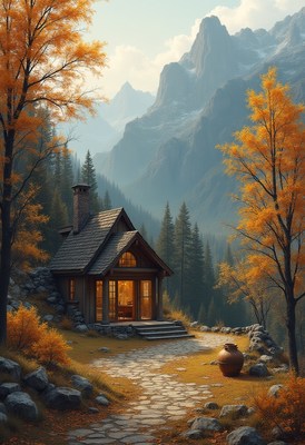 Cozy cabin nestled in autumn mountains under clear skies