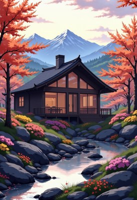 Cozy cabin surrounded by autumn foliage and mountains