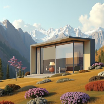 Modern cabin surrounded by mountains and colorful flowers