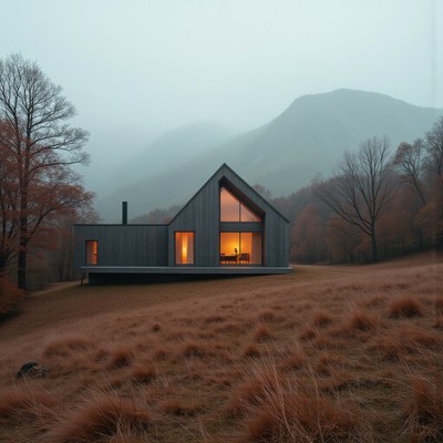 Modern cabin in misty mountains during autumn twilight