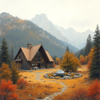 Rustic cabin in a mountainous landscape during autumn