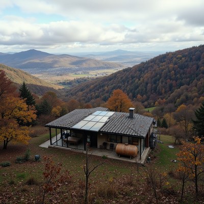 Modern cabin overlooks scenic autumn valley landscape